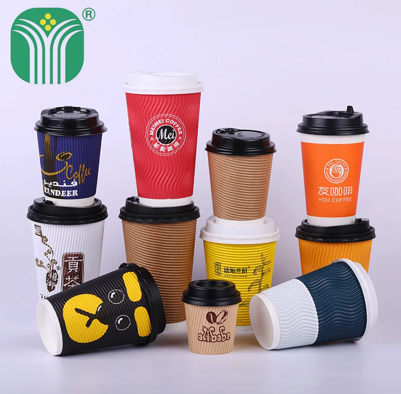 
custom logo printed 16oz disposable triple wall straight wave paper coffee cup 