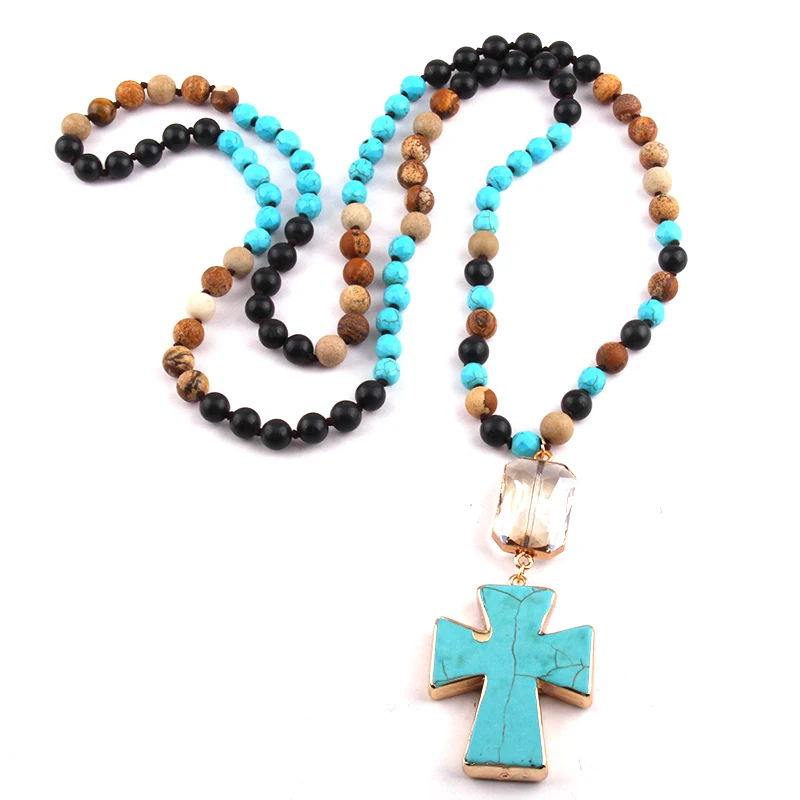 

Fashion Jewelry 108 Beads Multi Stone Knotted Crystal Link Stone Cross Pendant Necklace Wome Yoga Necklace, 2 color