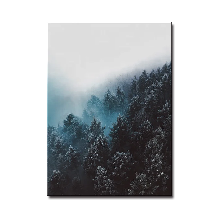 

Indigo Blue mountain forest fog large modern landscape print home hotel decoration green wall art