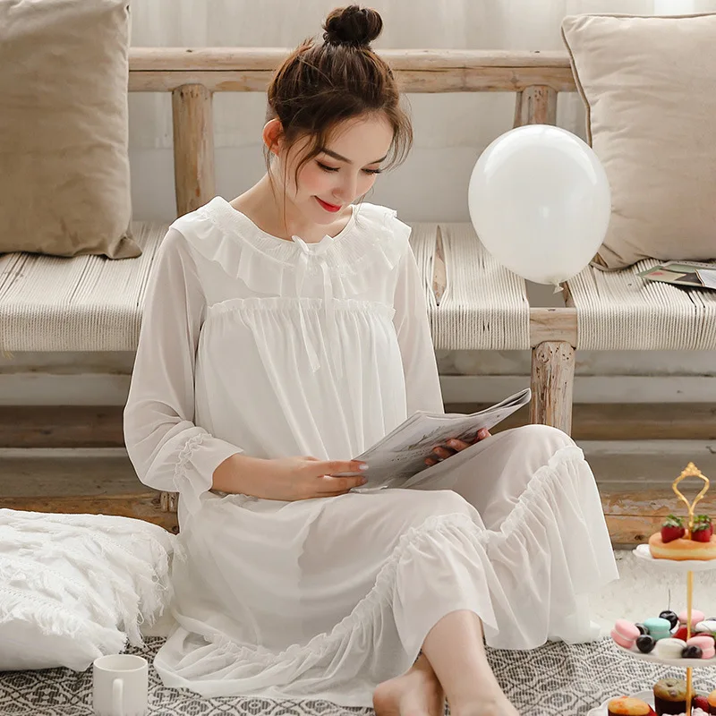 

Women Long Sleeve Vintage Lace Yarn Sleepwear Dress Princess Sweet Nightgown Latest Design Drop Shipping, White pink