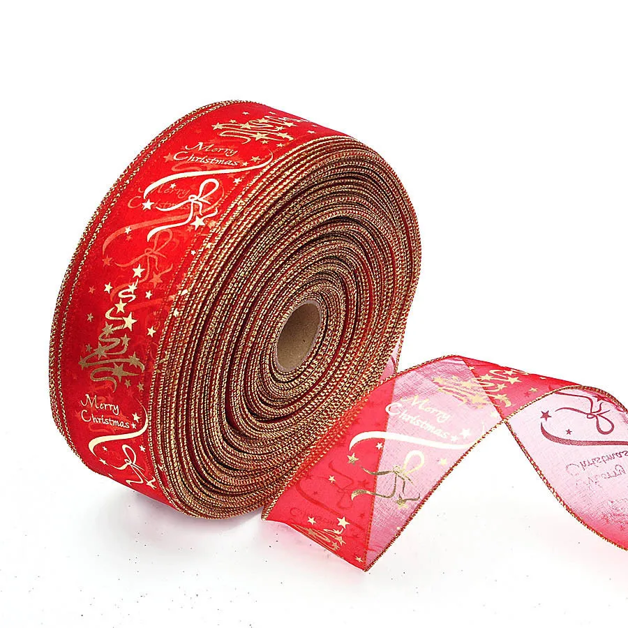 Custom Printing Red Organza Christmas Ribbon With Wired For Gift
