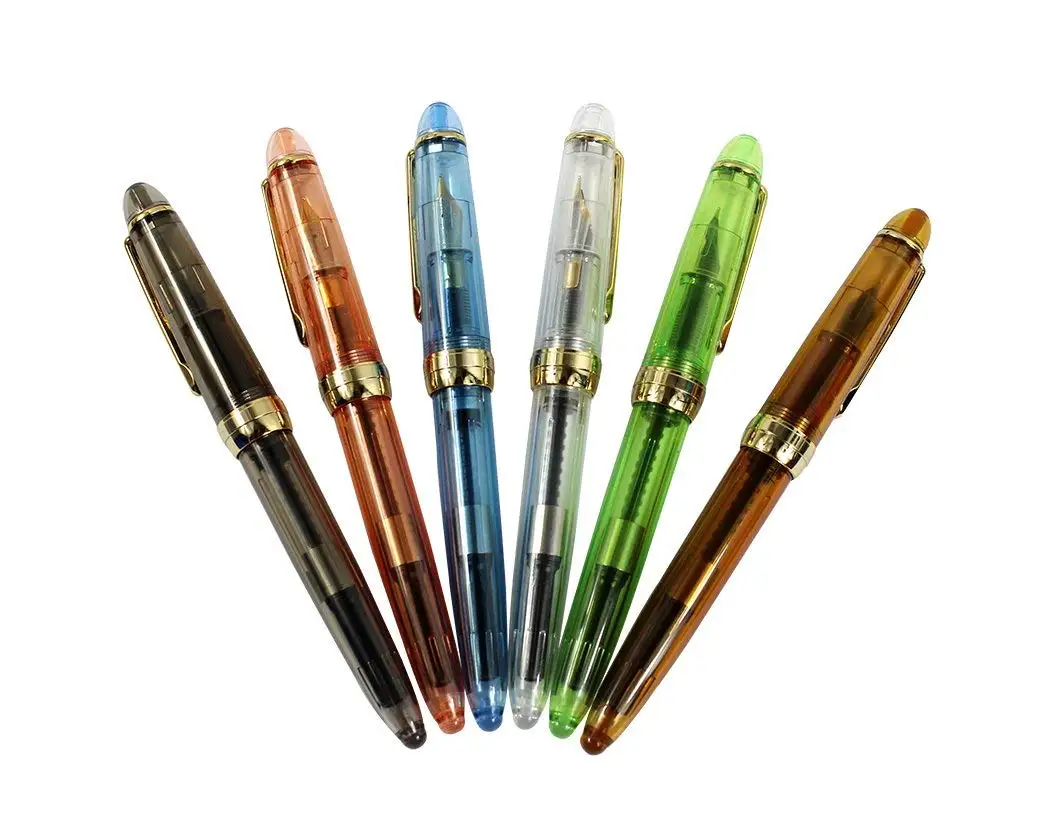 Ranvi JinHao 992 Fountain Pen,0.5MM Medium Nib,Gold Buckle,Transparent, 6 PCS, 6 Colors(blue, gray, orange, brown, red, white)
