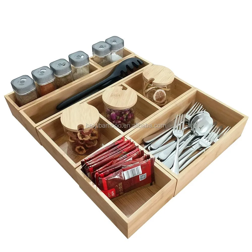 Natural Bamboo Drawer Organizer And 6 Storage Box Divider Set 8