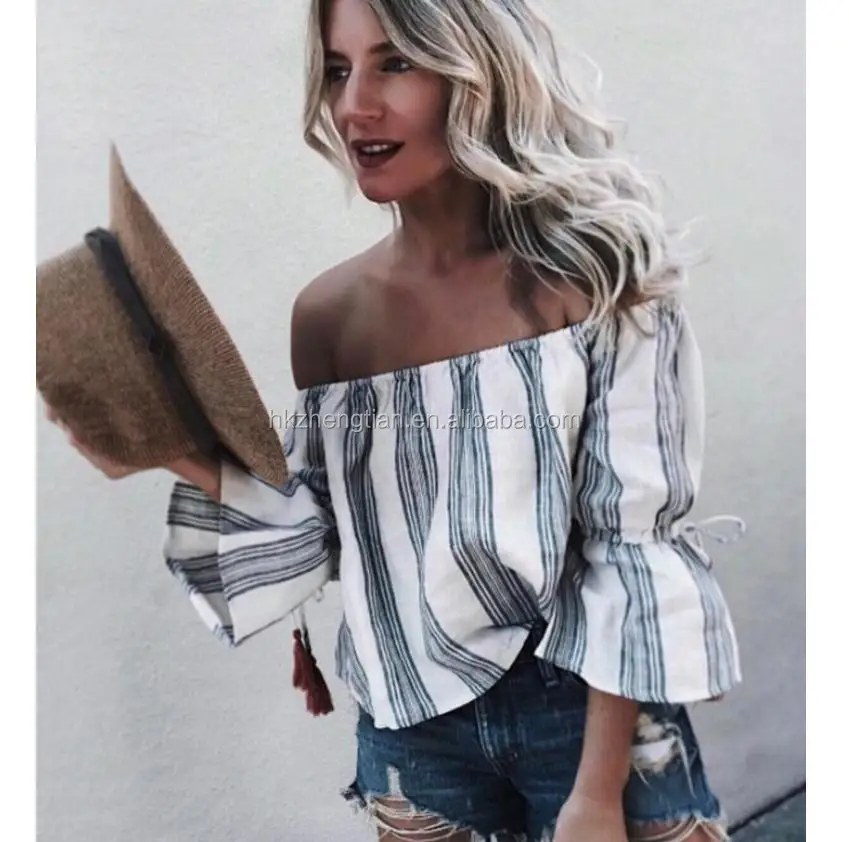 

2018 New Arrival Womens Sexy Off The Shoulder Tops Belled Long Sleeve Shirts Striped Casual Tops