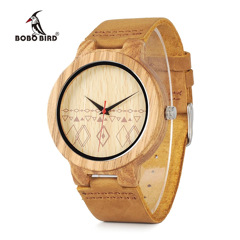 

BOBO BIRD top brand wholesale luxury zebra wood handmade erkek wooden watch with brown leather strap, Picture