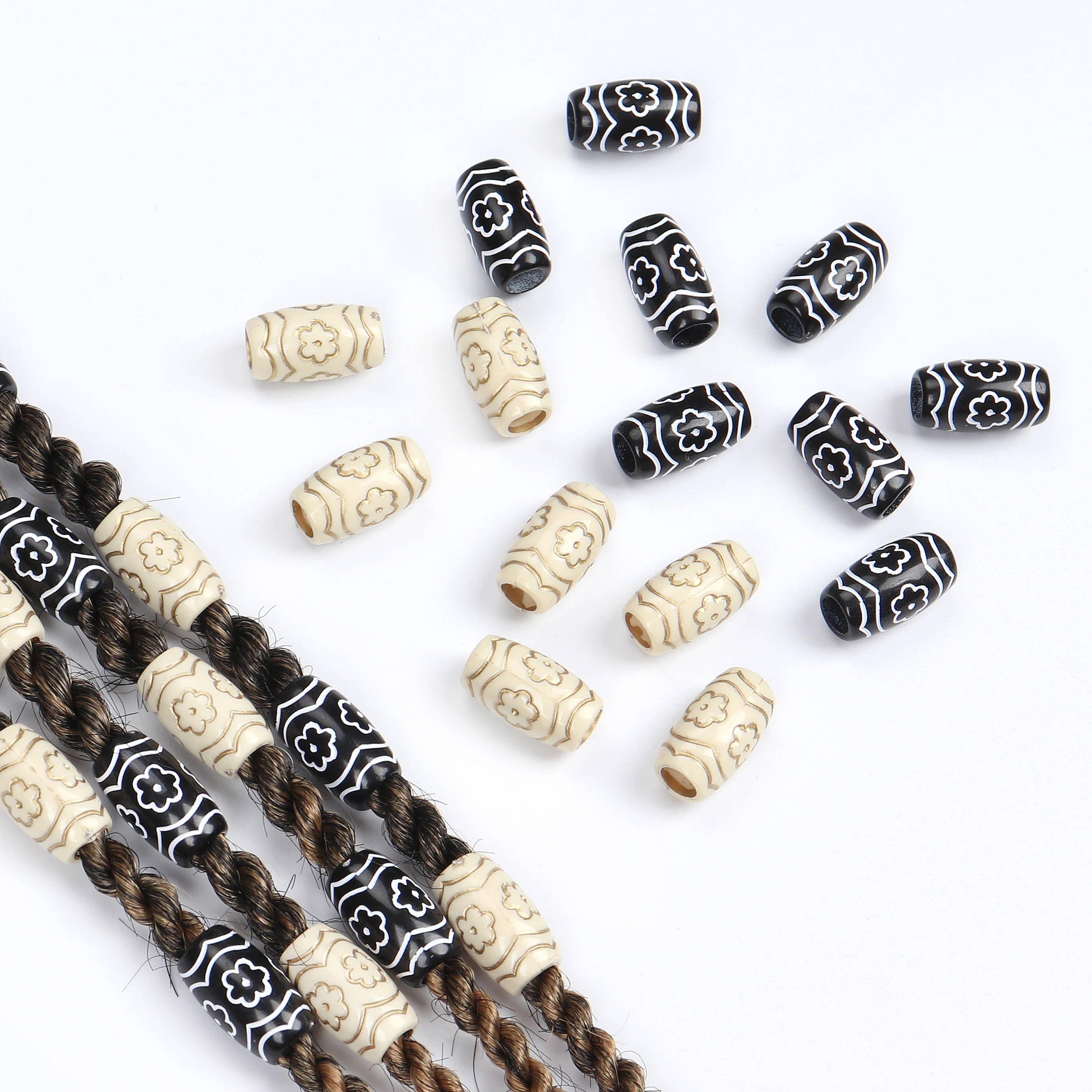 

Wholesale High Quality 1PC White and Black Plastic Hair Dreadlock Beads for Hair Braiding Decorations, Black/white