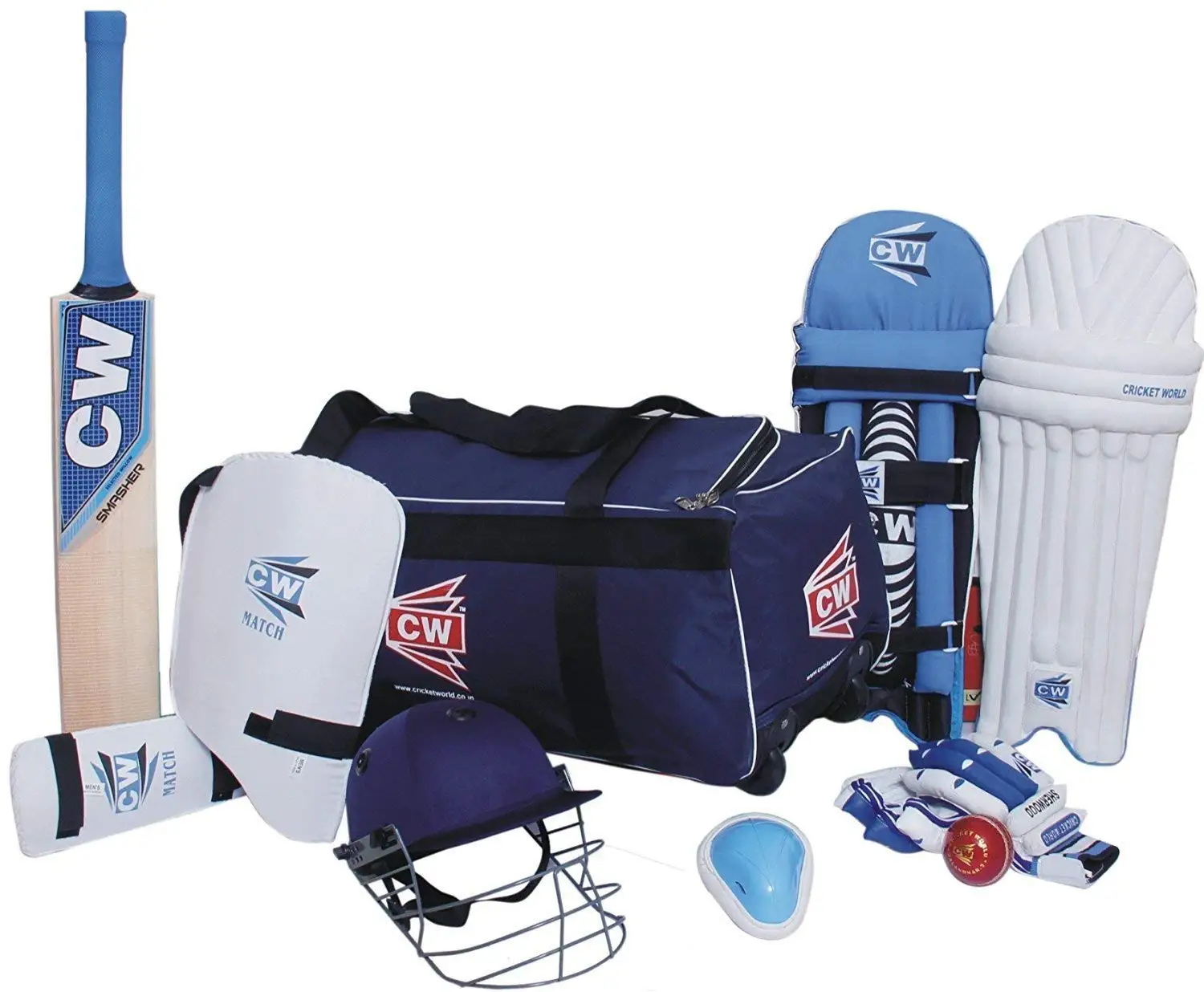 C&W Academy 9 Item Cricket Kit Blue Large Size 6 Complete Cricket Batting Accessories Match Set Including Kashmir Willow Bat (Wheel Bag Kit) for 11-12 Yr Junior Players
