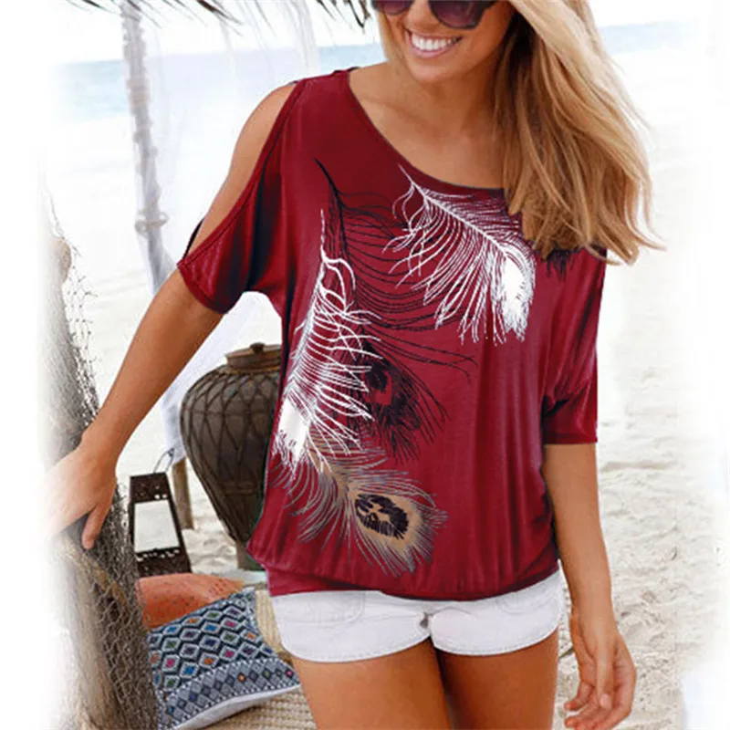 

New Feathers Printed Strapless O-Neck Short Sleeve T-shirt For Lady, Gray,red,blue