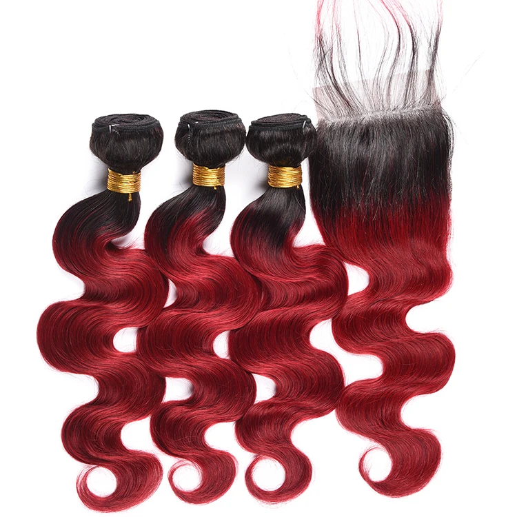 

Ombre Hair Extension Color Dark Root To Wine Red Remy Brazilian Hair Bundles Body Wave 1B/BUG Human Hair Weave With Closure