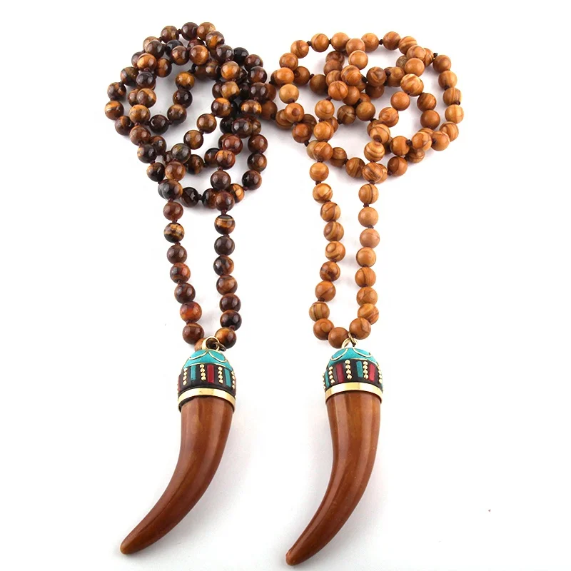 

Fashion Bohemian Tribal Jewelry Tiger Eye Stones Long Knotted Brown Ox Horn Pendant Necklaces Women Ethnic Necklace