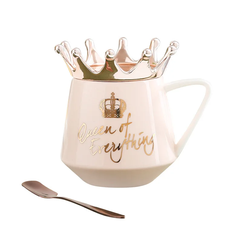 

400 ml 13 oz Queen's crown ceramic coffee mug Mother's day gift mugs creative Luxury mug with lid and spoon gold color cup