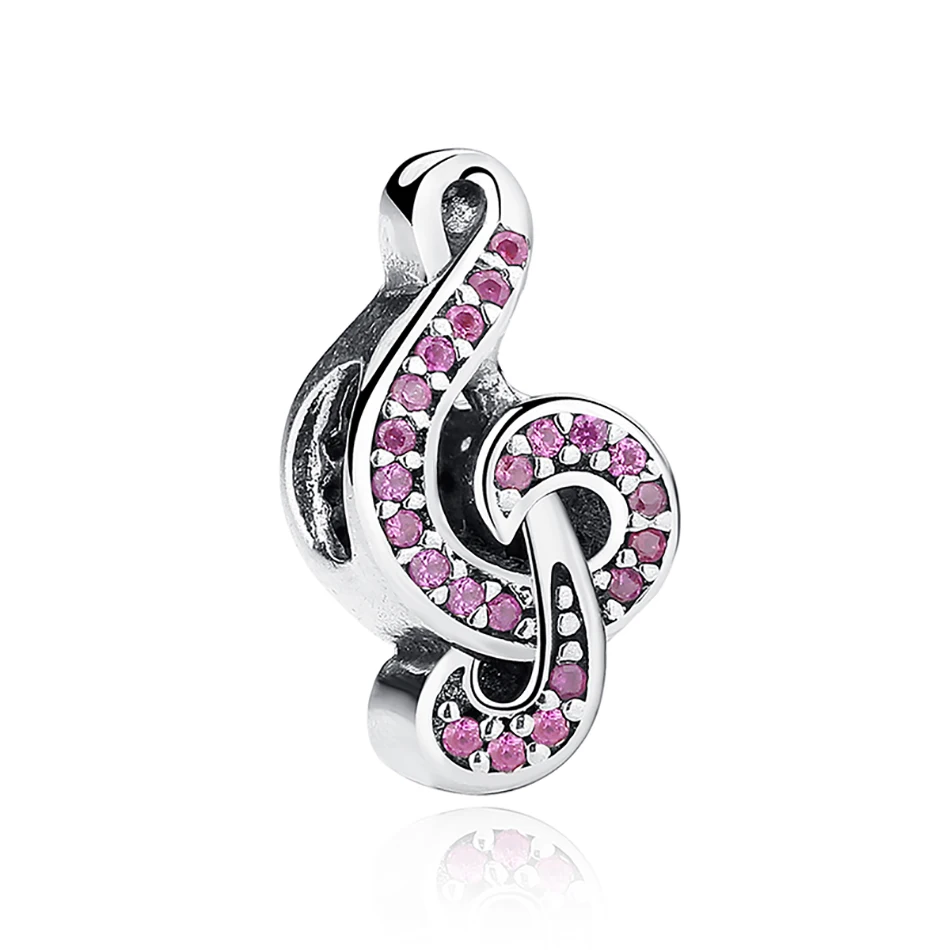 

Fashion 925 Sterling Silver CZ Charms With Pink Zircon Musical Notation Beads Fit Women Bracelets Jewelry Making