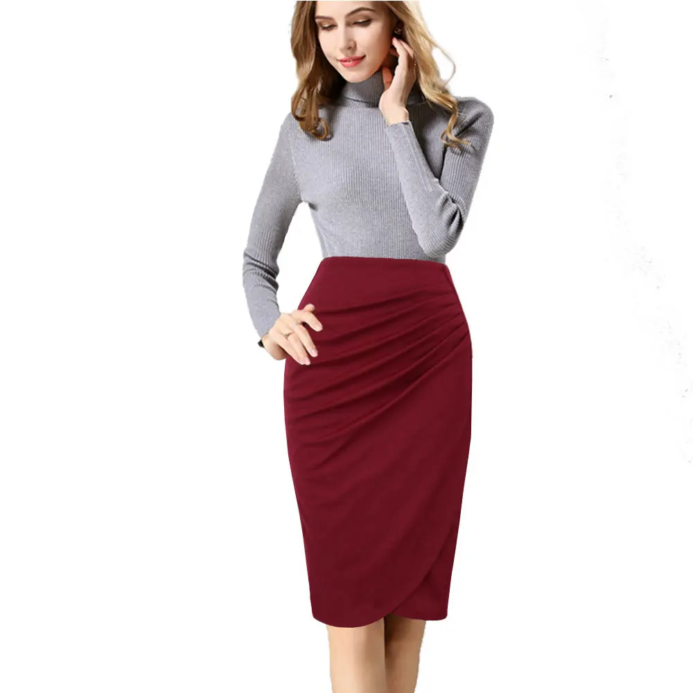 

High Waist Pencil Skirt Female Bodycon Skirts Womens Ruched Knee Length Ladies Office Work Clothing Y10074