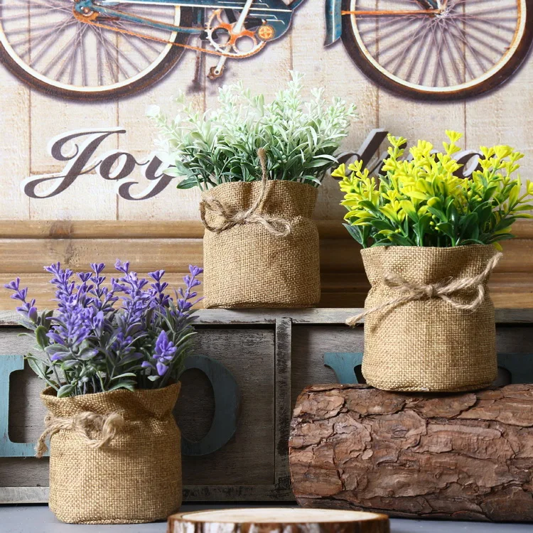 

Set of 4 linen planter mini pot artificial flowers