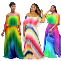 

SADF0646 Color gradient design fashion print summer women off shoulder long pleated maxi dress