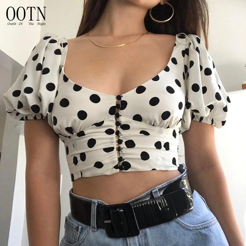 

OOTN Female Buttons Chemise V Neck Sexy Women 2019 Black Polka Dot White Tunic Blouse Shirt Puff Short Sleeve Summer Crop Top