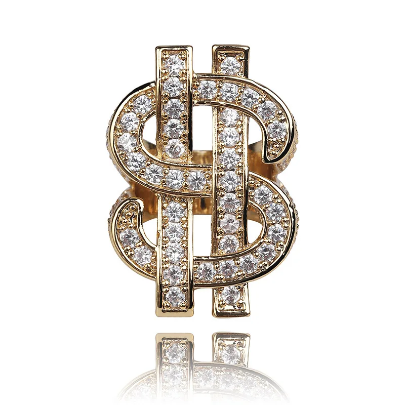 

Wholesale New Style Hip Hop Men's Ring 18k Gold Plated Iced Out AAA CZ Bling Bling Dollar Sign Ring Jewelry, Picture