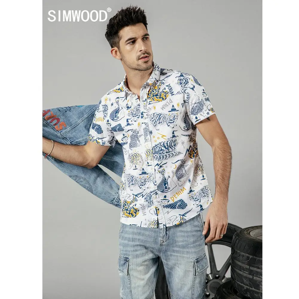 

SIMWOOD 2019 summer new cat print short sleeve t-shirts men 100% cotton fashion hawaii shirt plus size brand clothing 190264