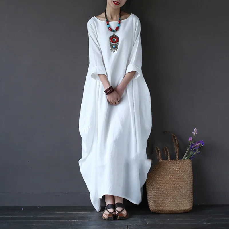 Hot selling Linen fabric muslim women white dress