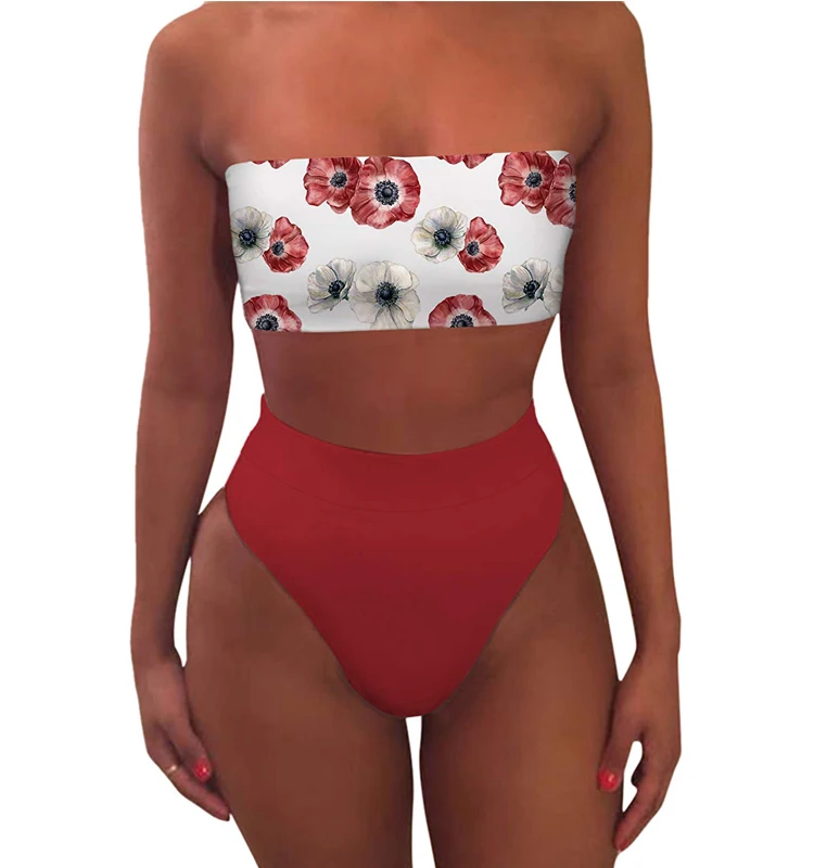 

Women's Flower Printed High Waisted Bandeau Bikini Set
