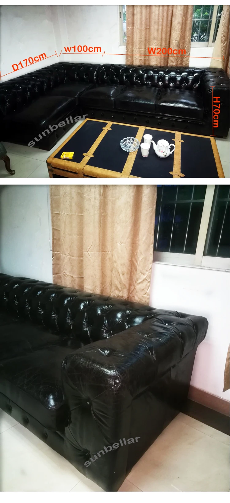 Customized Living Room Leather Chesterfield Sofa Top Grain Leather L ...