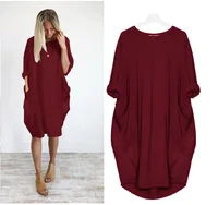 

Autumn Womens dresses Pocket Loose Dress Ladies Crew Neck Casual Long Female Tops Dress