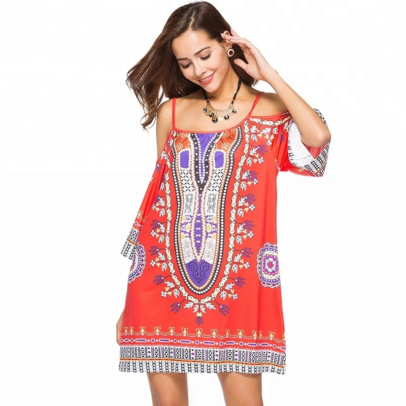 

In Stock Dropship Geometric Print Cold Shoulder Dress