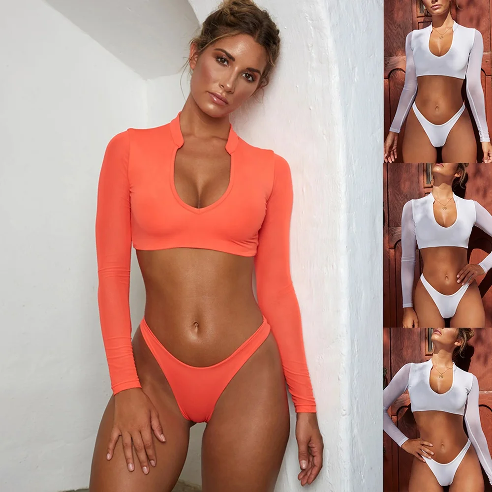 

New long sleeve U neck mesh low-waisted sexy ladies two piece swimsuit 2019, As shown or customized