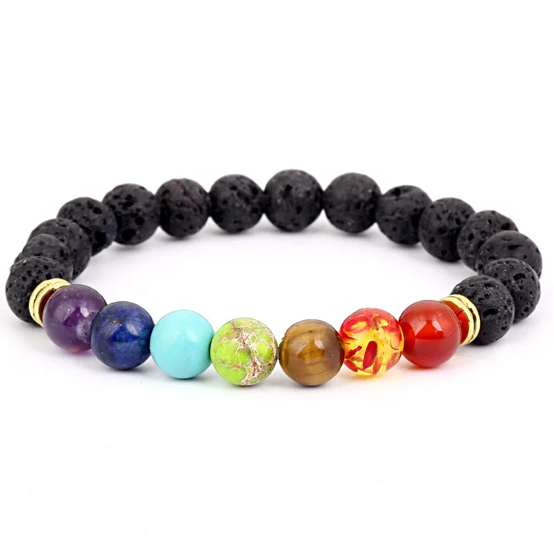 

8mm Natural Healing Balance Beads Yoga Valconic Healing Energy Lava Stone 7 Chakra Diffuser Bracelet lava stone bracelet, Customized color