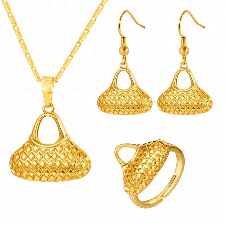 

U7 18K gold plated necklace earring ring Papua New Guinea PNG jewelry Women Bilum Bag Set