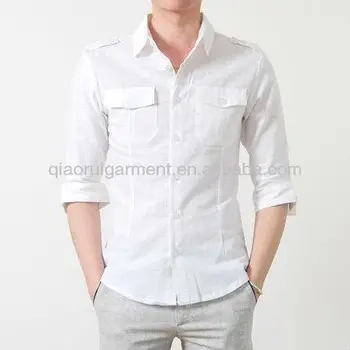 Men's 3/4 Sleeve Slim Fit Double Pockets And Epaulets Linen Shirt - Buy ...