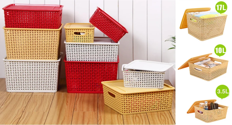 red woven storage baskets