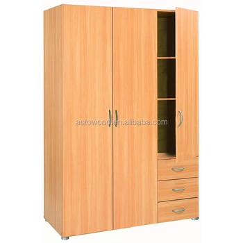 Melamine Wood 3 Door Wardrobe With Drawers And Hanger Shelf