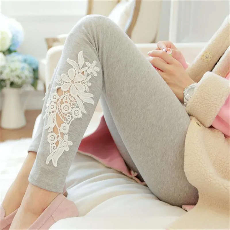 

Hollow Out Design Women Fashion Summer Pants & Capris Stretch Legging Trousers Ladies Lace Flower knitted Leggings Cotton, Black,gray