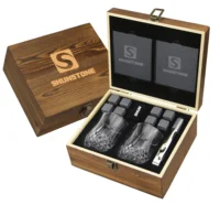 

Customized Whiskey Stones Glasses Set Whisky Chilling Cubes Wine Cooling Rocks Crystal Shot Glass Slate Coasters in Wooden Box