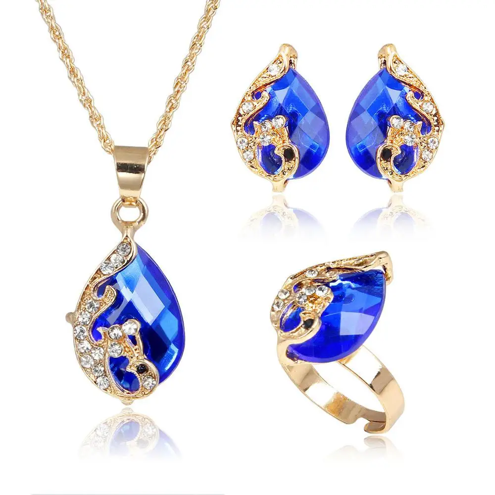 

Water Drop Peacock Shape Cubic Zircon Crystal Jewelry Set Necklace Earring Ring 4Pcs Jewelry Set, Picture