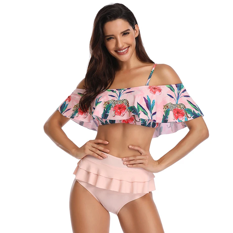 

Lover-Beauty 2019 New Style Ladies Off Shoulder Printed Two Piece Swimsuit Women Sexy Swimsuit, As picture