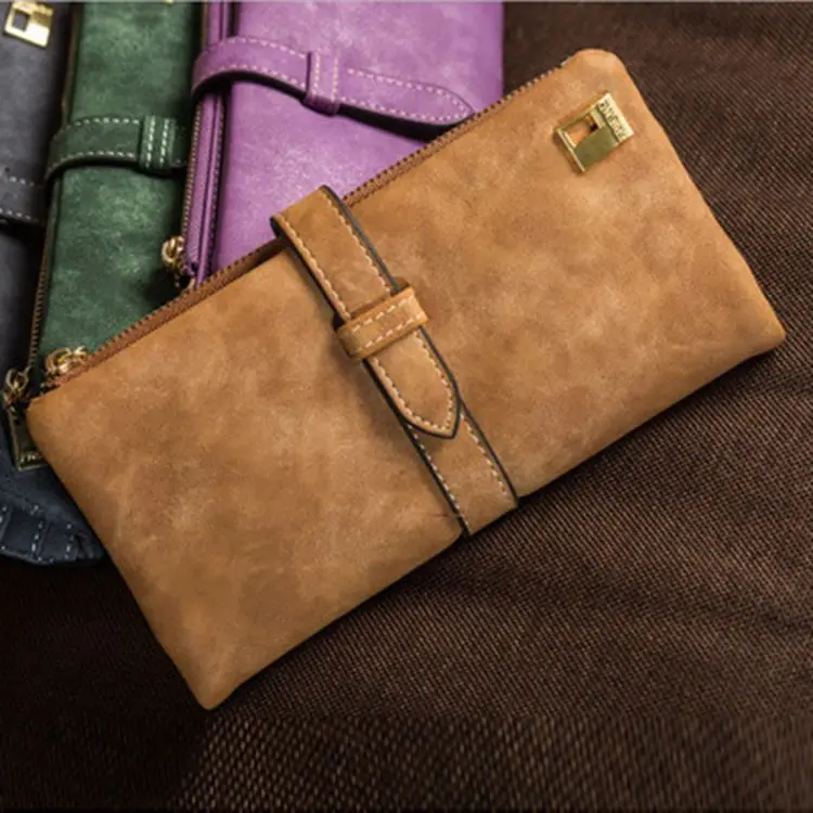 

new wallets for women Drawstring Nubuck Leather Zipper Wallet Women's Long Design Purse Two Fold More Color Clutch purse