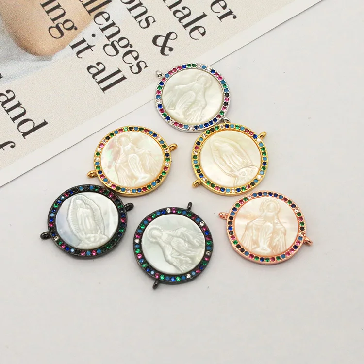 

CZ7656 CZ Gold Religious Medal Saint Charm, Multicolor CZ Micro Mother of Pearl Shell Virgin Mather Mary Charm Connector