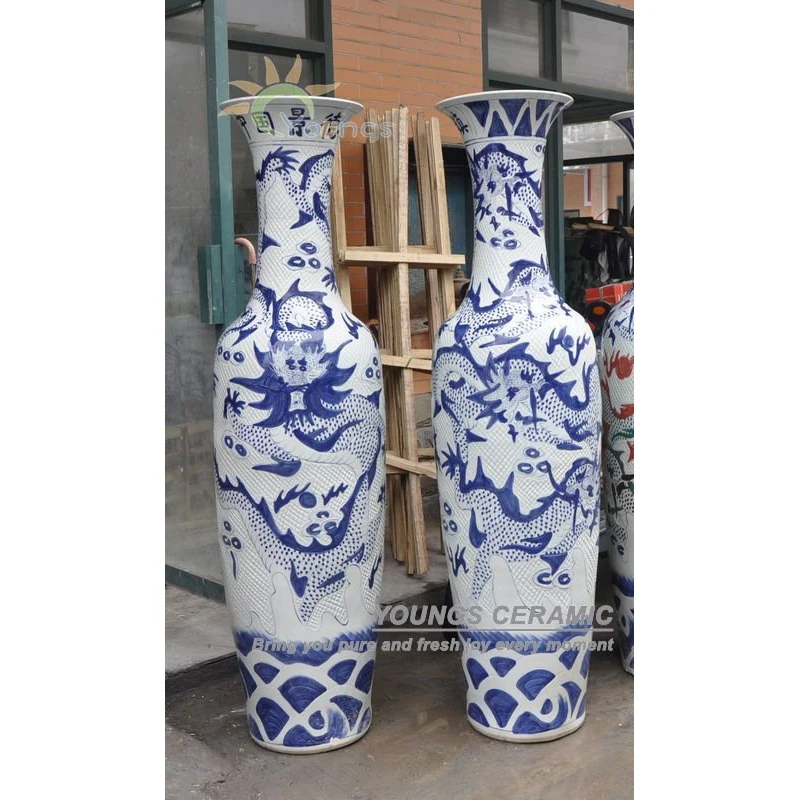 Tall Blue White Porcelain Oriental Dragon Vases With Hand Carved