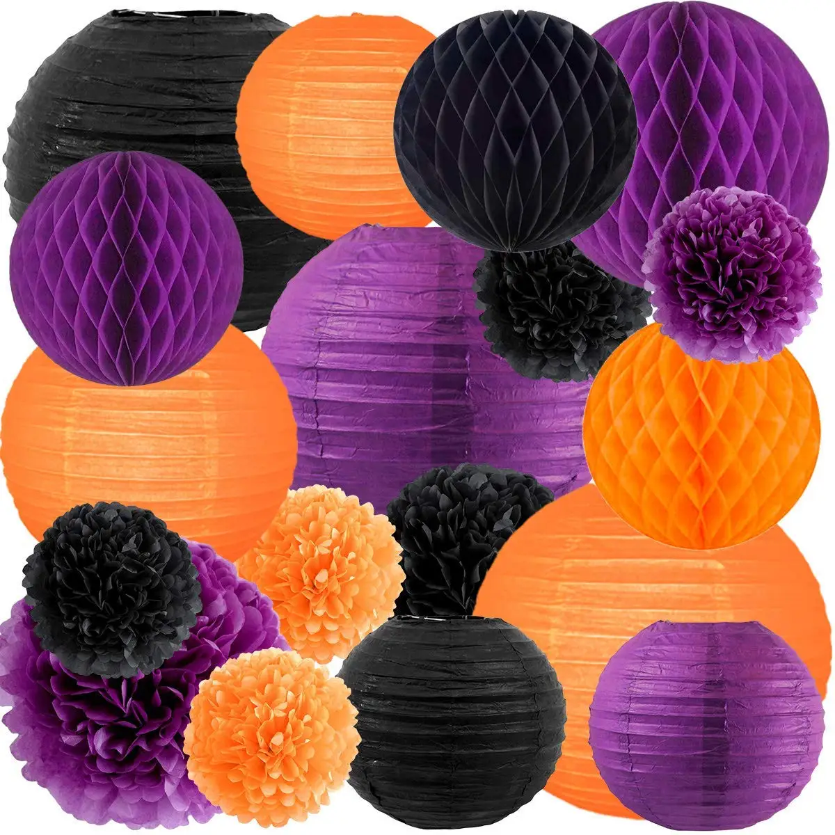 NICROLANDEE Happy Halloween Orange Purple and Black Party Decorations Pack Tissue Paper Pom Poms Ball Hanging Round Paper Lanterns for Home Fall Harvest Thanksgiving Wedding Background Decor