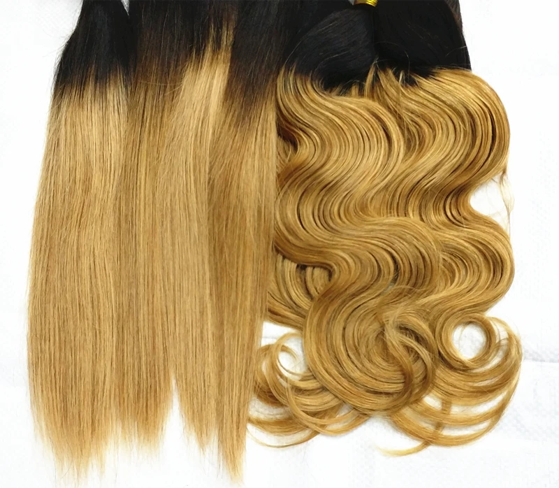 

Letsfly wholesale 10pcs hair 2tones Brazilian T1B/27 top quality blonde Straight body wave remy Human Hair Extensions