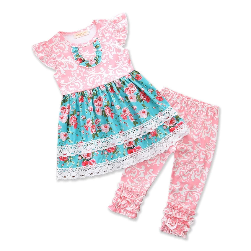 

New Fashion Girls Boutique Outfits Sets Cute Kids Summer Remake Clothes Pink Floral Dress Ruffle Pants Baby Girl Clothing Sets, As pictures