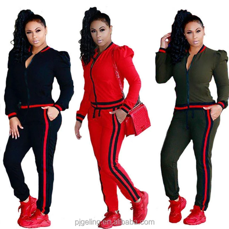 

Women Zipper Sports Tracksuit With Stripe, Black;red;green
