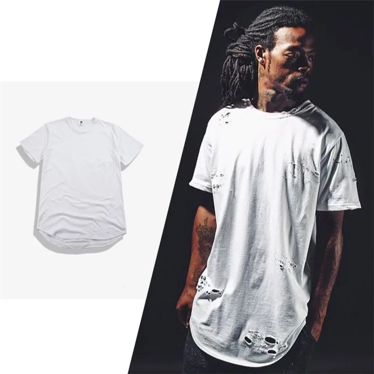 

men stylish curved hem t shirt wholesale crew neck plain streetwear t shirt with holes