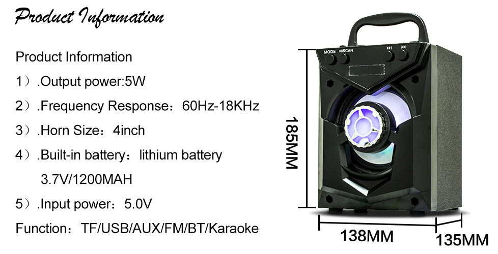 Music Mini Wireless BT USB FM AUX Outdoor Speaker with LED Light
