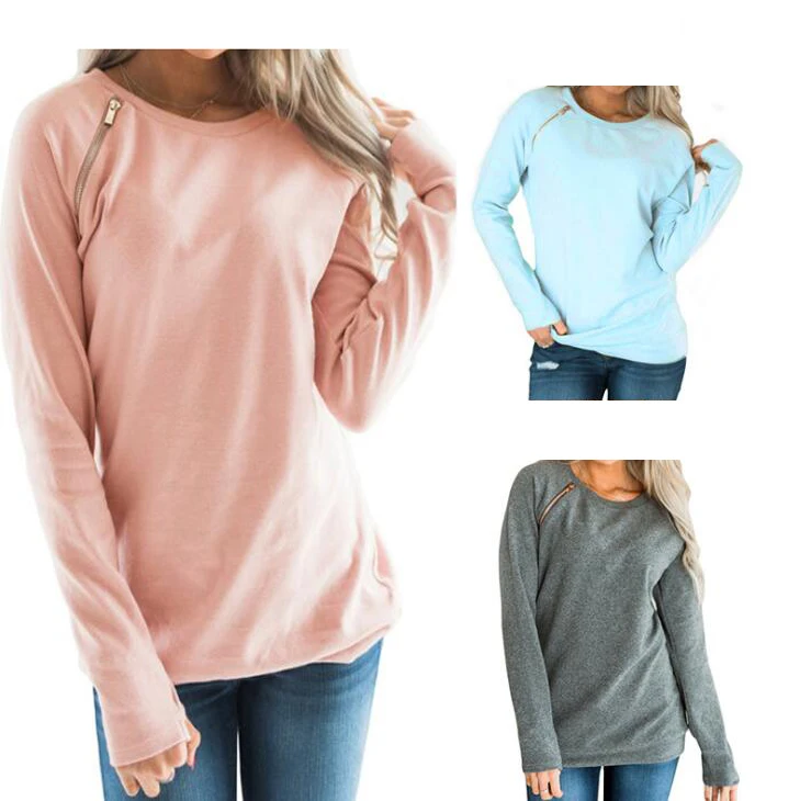 

cz38239w Women Long-sleeved solid color round neck Zip sweater ladies top Pullover Sweatshirt