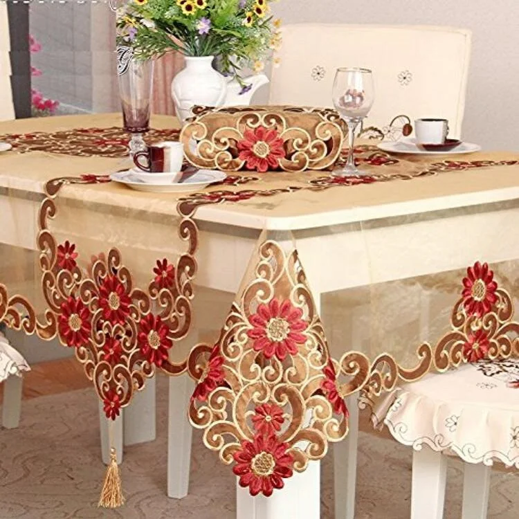 

Cutwork polyester organza french paper tablecloth, White and yellow