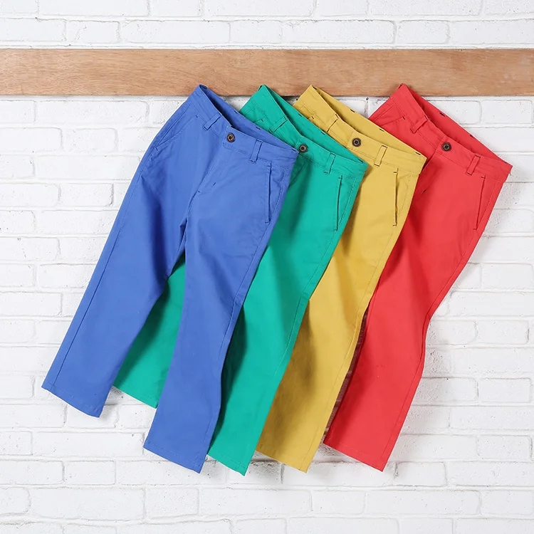 

Child Color Cotton Cargo Pant Cheap Color Fade Proof Washed Twill Chino Trousers Stock for Little boys 4-14 Years, Blue , red, yellow , green, camel, navy