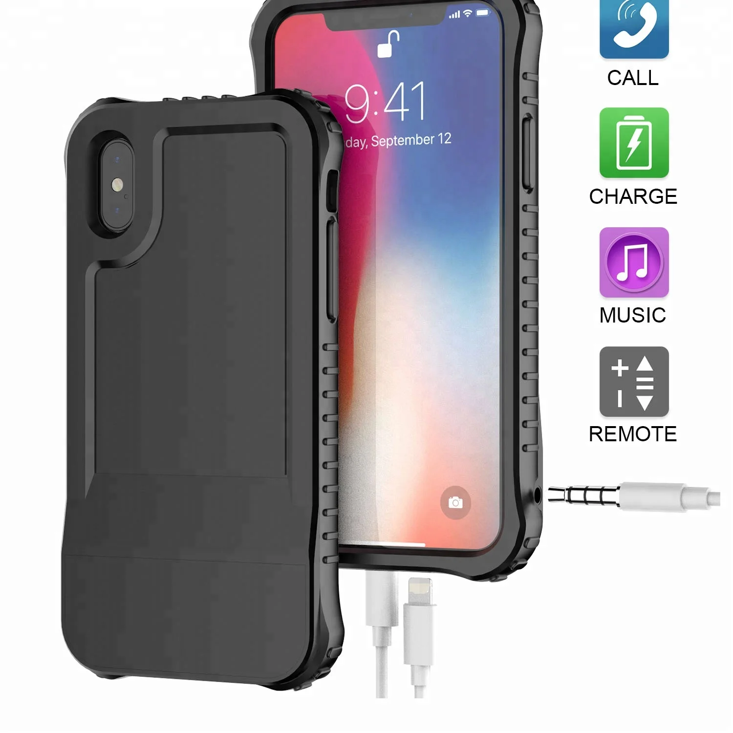 

New Design Function Protect Cell Phone Case Cover for iPhone X, 3 Ports for Music and Charging At The Same Time, Black